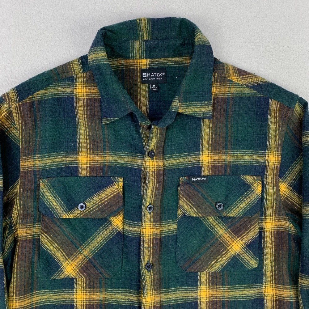 MATIX Flannel Shirt Mens Medium Green/Yellow Plaid Long‎ Sleeve Surf Skate Retro